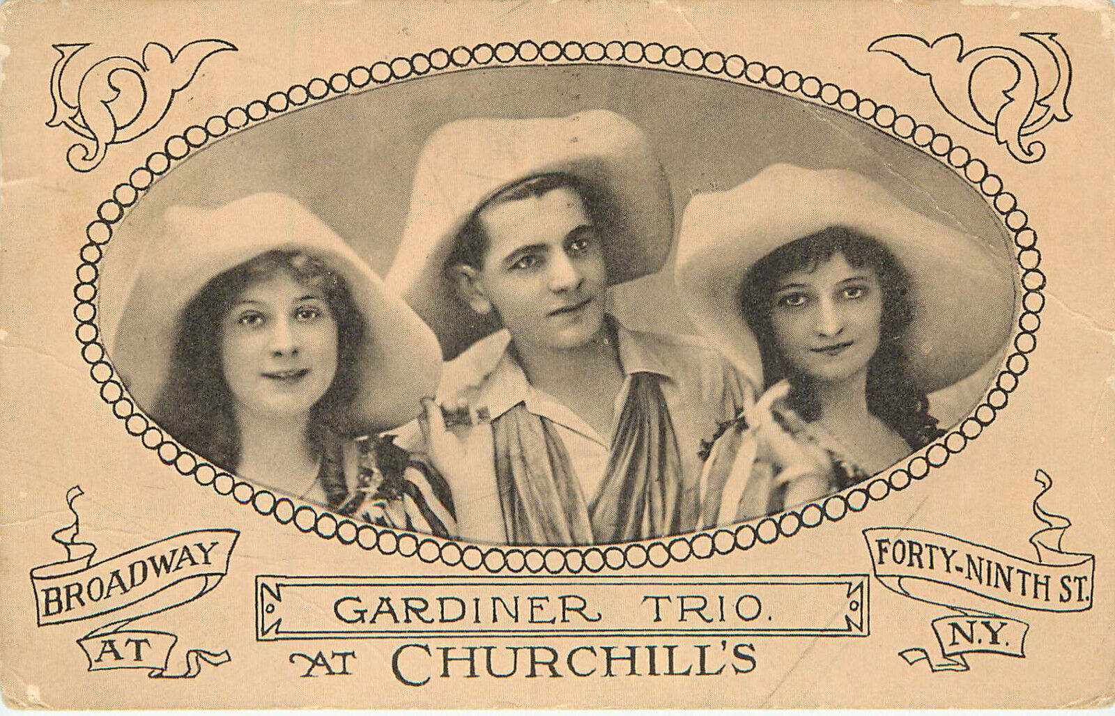 Postcard Gardner Trio At Churchill's Broadway & 49th NY vaudeville Theater c1913