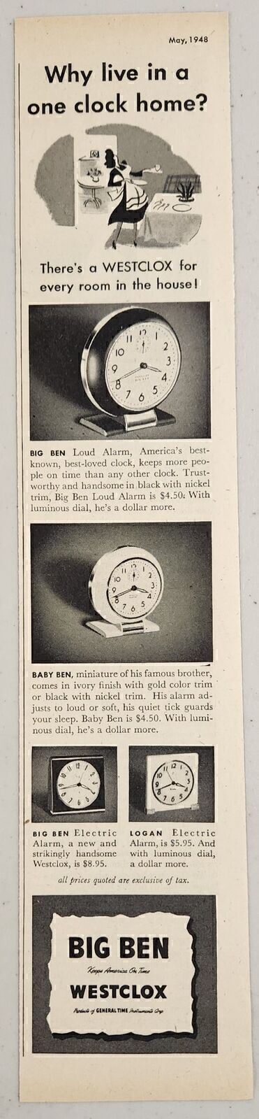 1948 Print Ad Westclox Big Ben & Baby Ben Alarm Clocks & 2 Other Electric