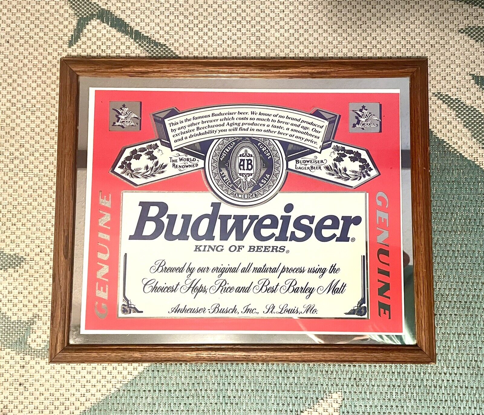 Vintage Official Anheuser-Busch Budweiser Beer Wood Framed Bar Mirror Antique