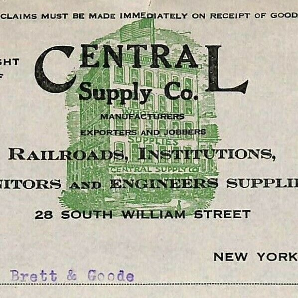 1917 Central Supply Co. Soap Brass Polish Billhead Letterhead South William NYC 