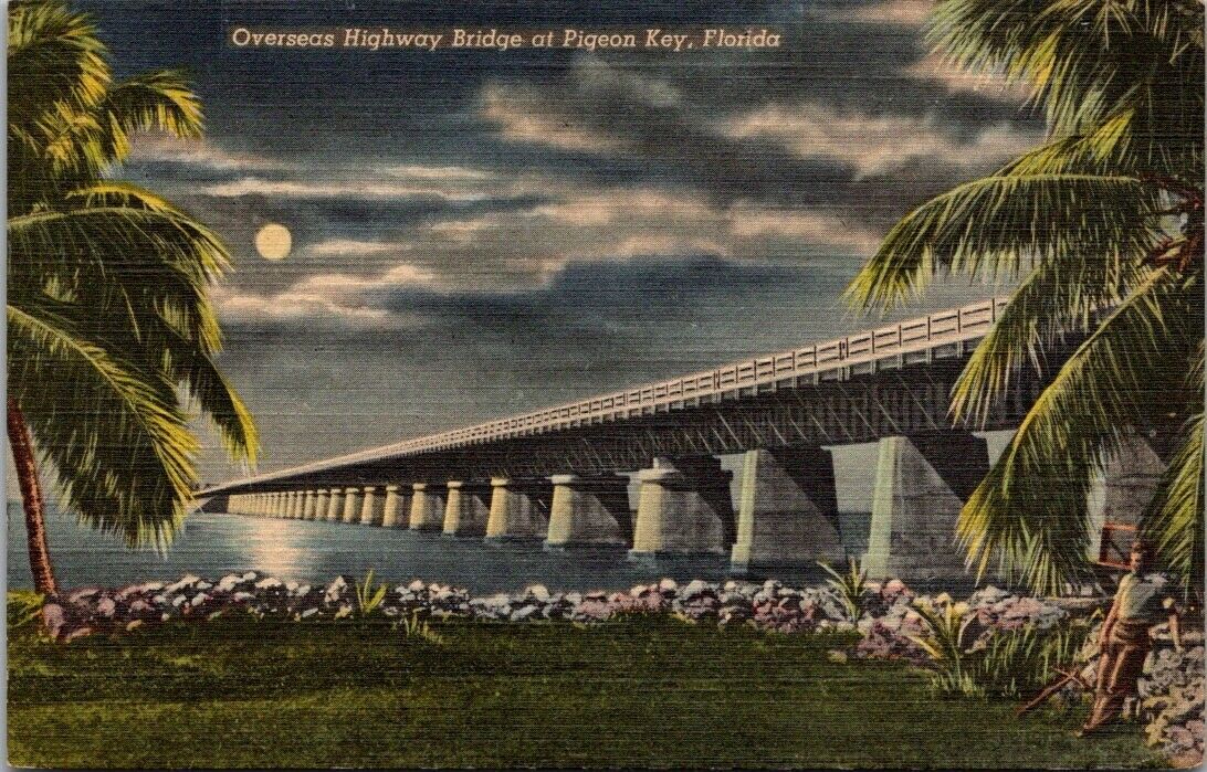 Pigeon Key FL - Florida, Overseas Highway Bridge, Vintage Postcard Night Scene