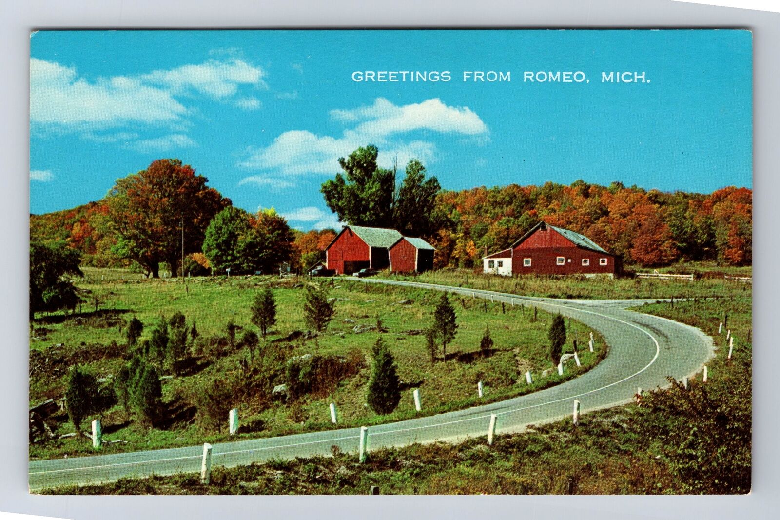 Romeo MI-Michigan, General Greetings, Road Curves by Farm, Vintage Postcard