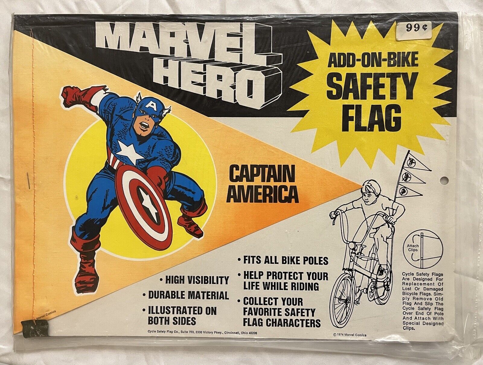CAPTAIN AMERICA ADD-ON-BIKE SAFETY FLAG 1974 SEALED Marvel