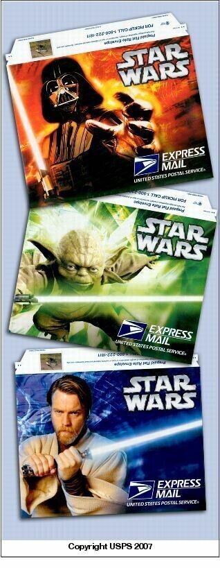 Sealed Brand New Set of Three USPS Express Prepaid Envelopes Star Wars 2007