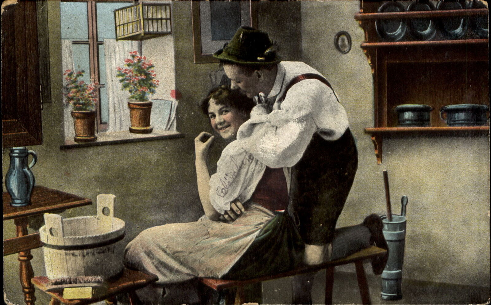 Swiss couple flirting dirndl skirt Tyrolean hat wash tub ~ mailed 1908