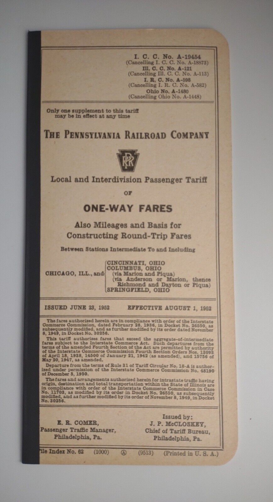 1952 Pennsylvania Railroad Company Passenger Tariff of One Way Fares