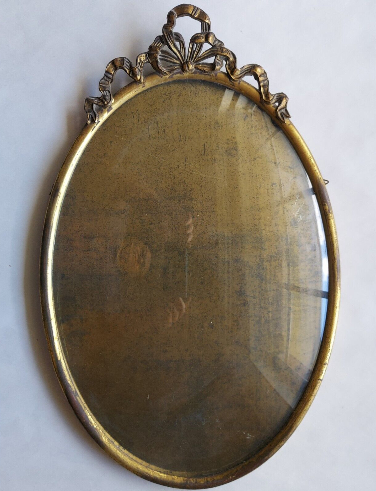 Antique Oval Brass Tone Metal Convex Bubble Glass Wall Frame
