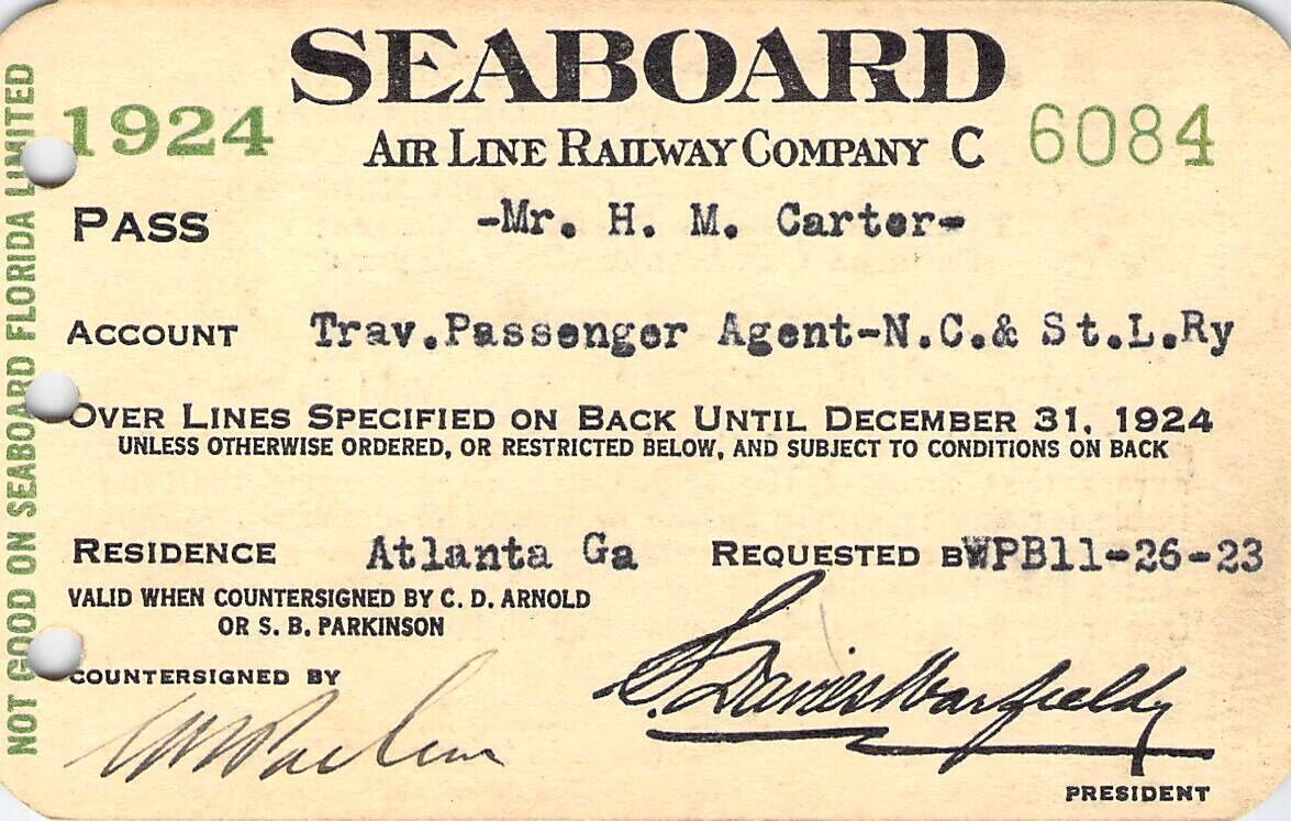 1924 SEABOARD AIR LINE NASHVILLE AGT RAILROAD RAILWAY RR RY PASS 
