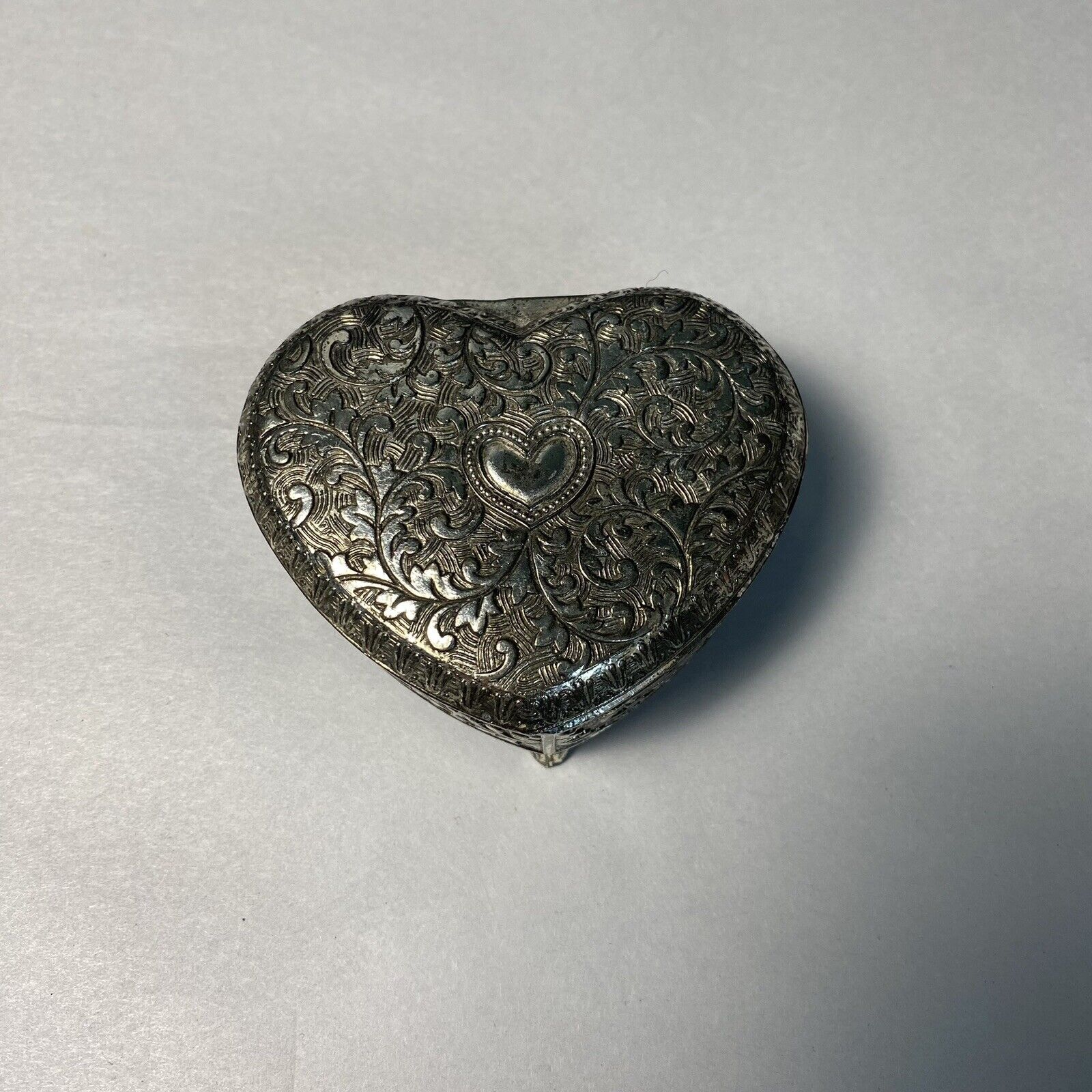 Vintage Heart Shaped Etched Metal Trinket Box With Red Lining 3”