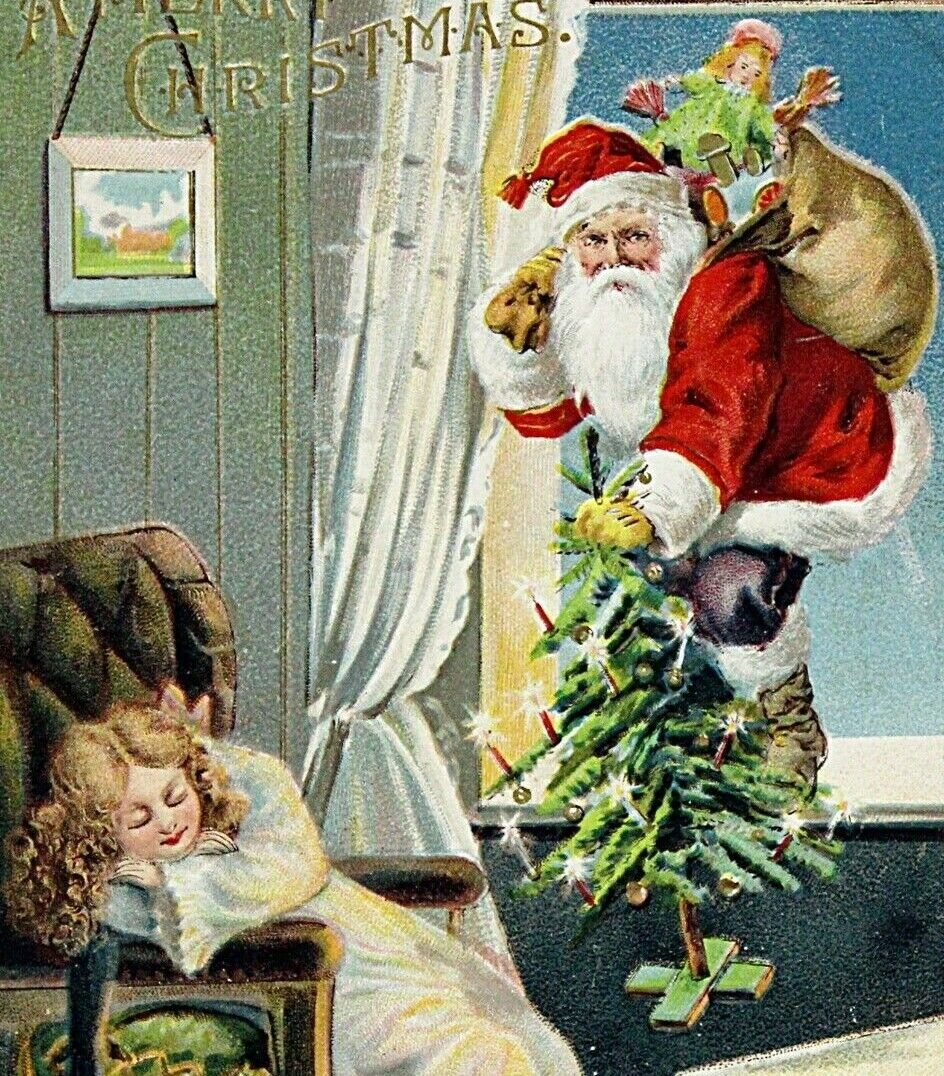 C. 1910 Santa Claus Through Window Bag Toys Sleeping Girl Embossed Postcard