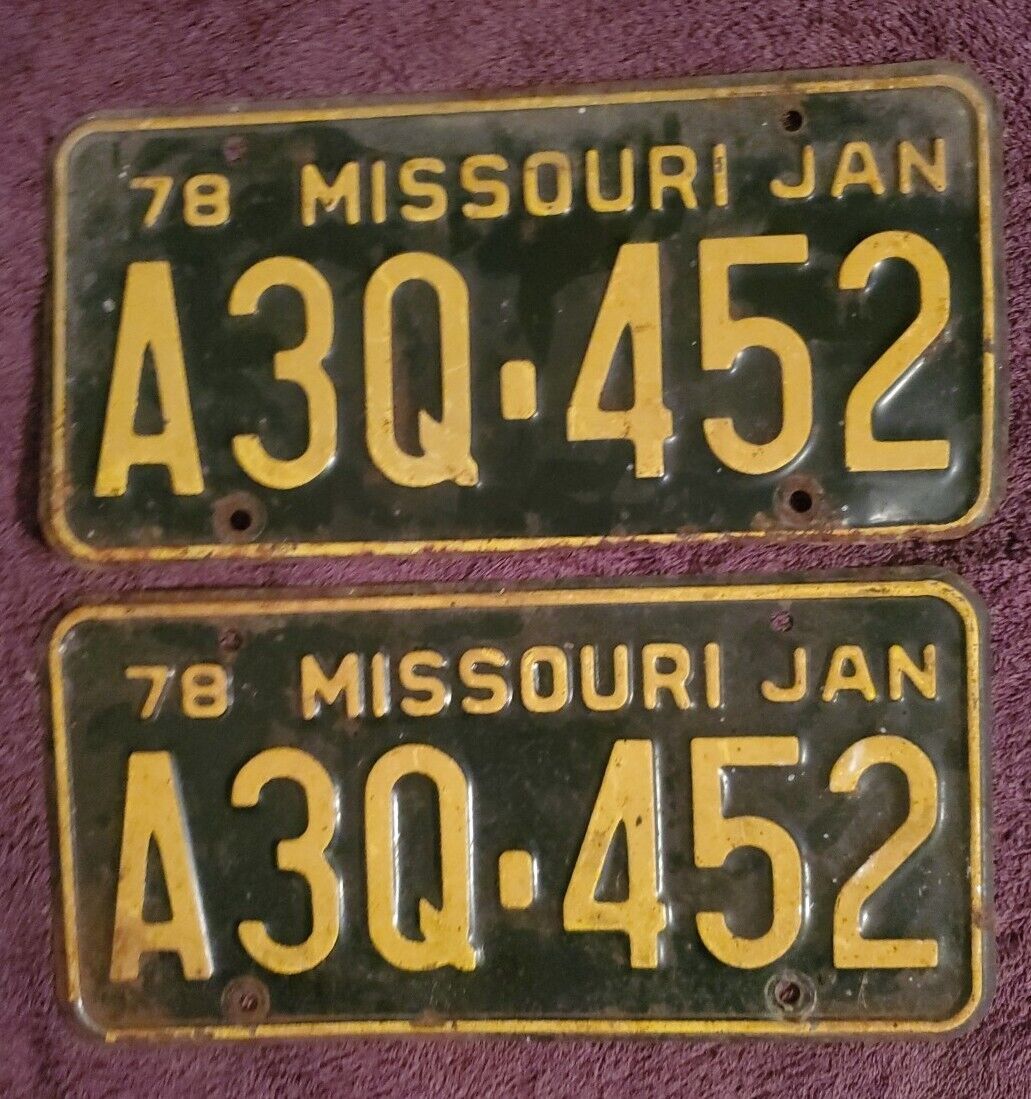 Vintage 1978 Missouri License Plate Set Black/Yellow Matching Set June A3Q 452 