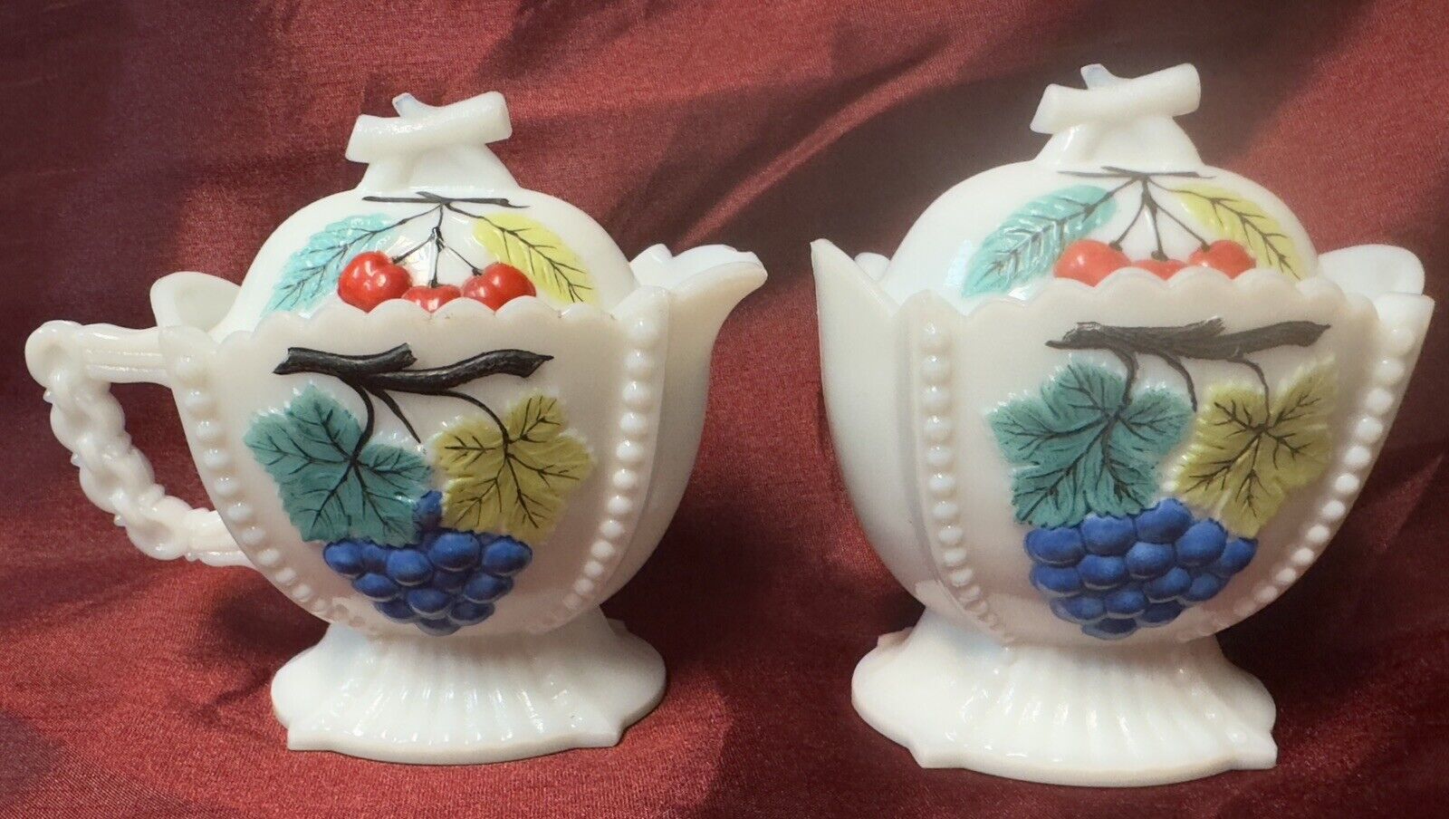 Vintage Westmoreland Hand Painted Grape & Cherry Creamer & Sugar Bowl With Lids