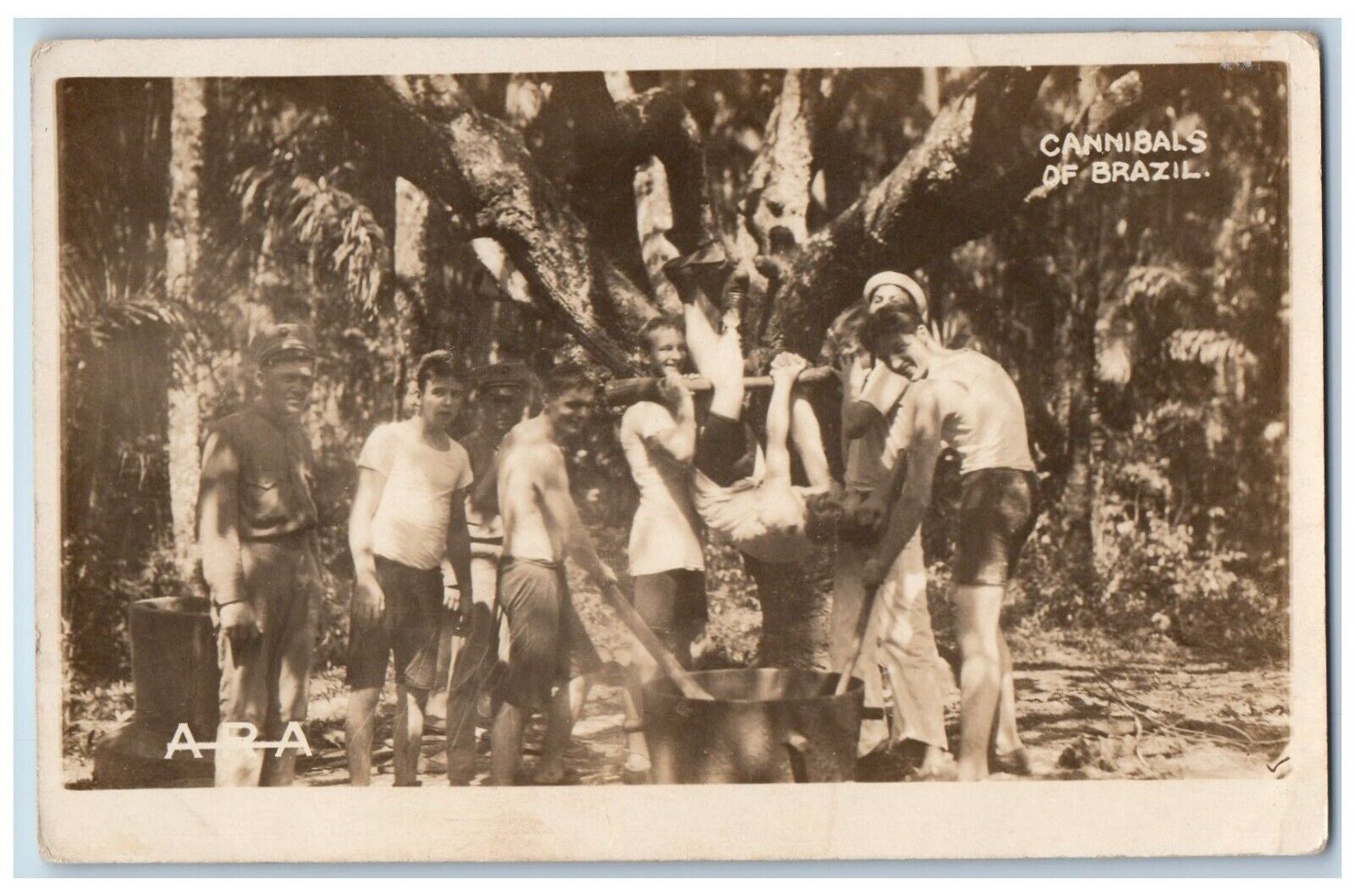 Brazil Postcard RPPC Photo Cannibals Forest Scene US Navy WWI c1910's Antique