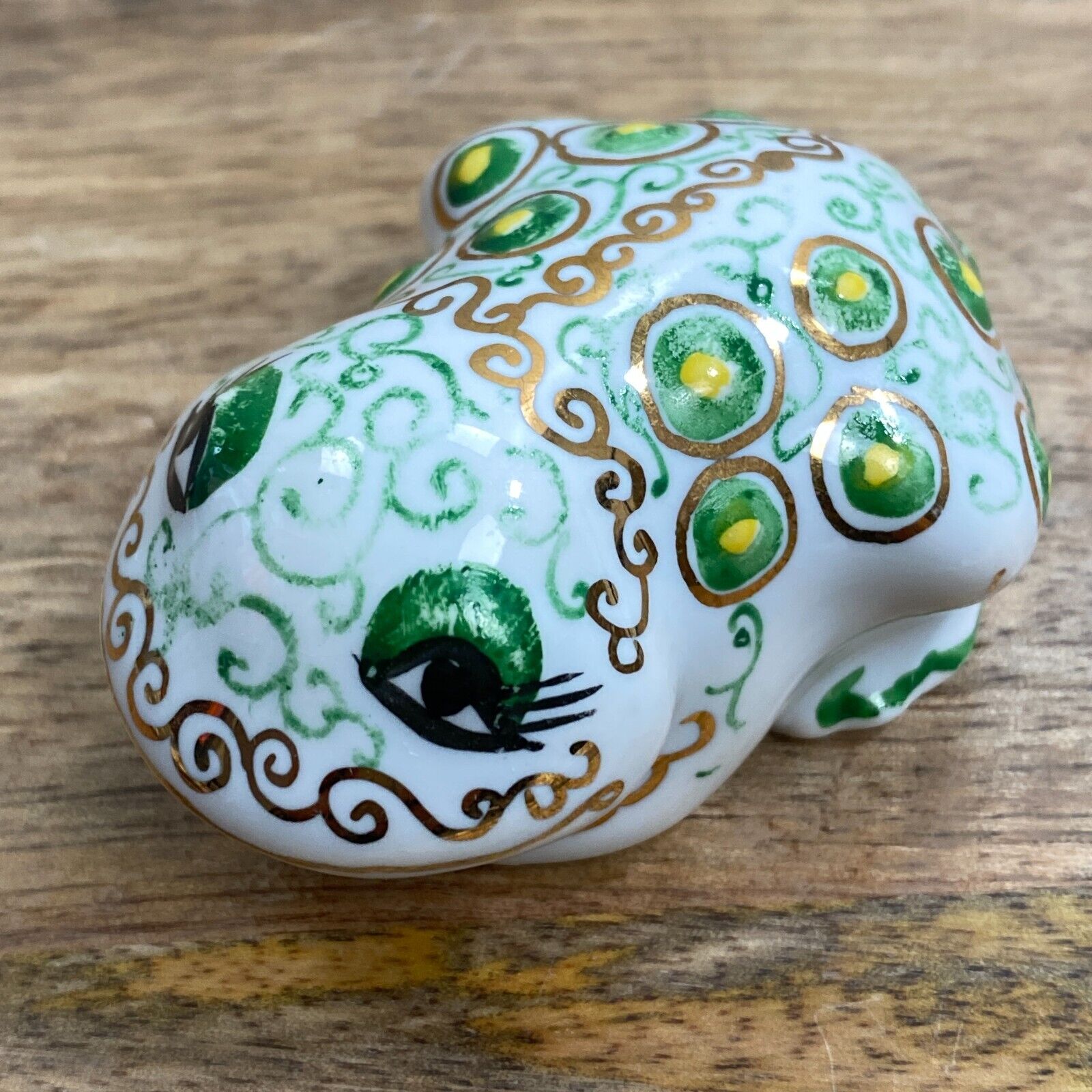 Ceramic Pottery Miniature Frog White Green Swirl and Gold