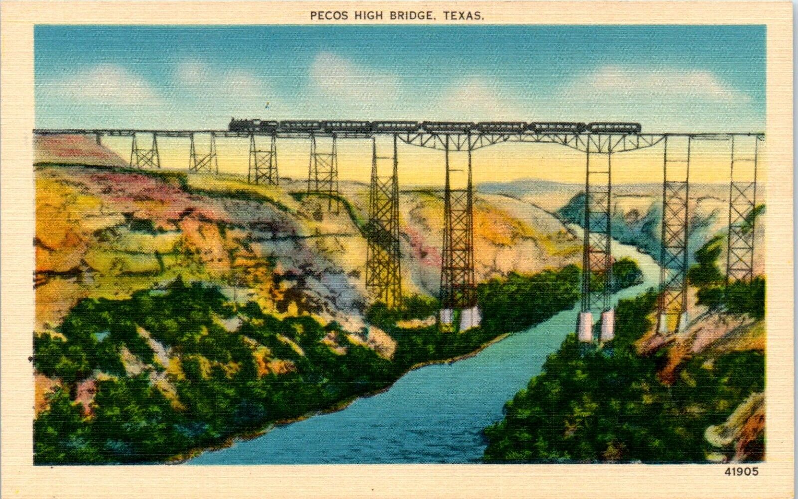 c1940s Linen Postcard Pecos High Bridge TX Texas New Orleans Railway Train