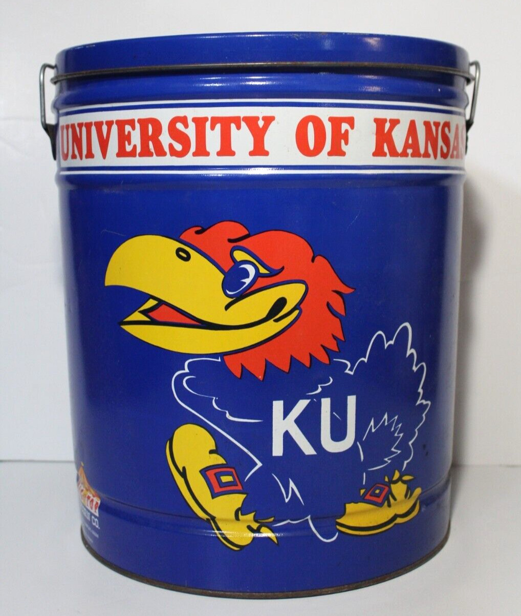 1980s 1990s Vintage Kansas Jayhawks Popcorn Tin Trash Can Big Top Popcorn Topeka