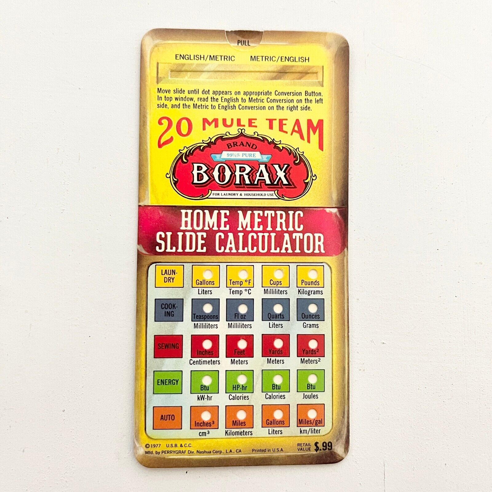 20 Mule Team Borax Household Cleaner Metric Slide Calculator Vintage 1970s