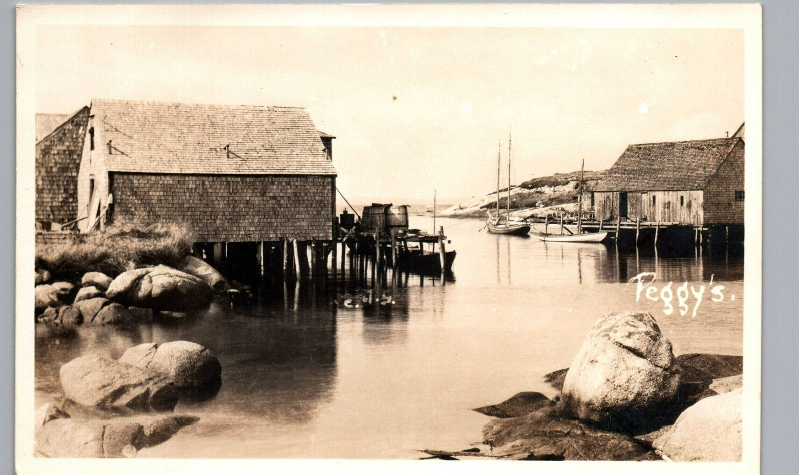 PEGGY\'S COVE NOVA SCOTIA BOAT HARBOR WHARF 1910s real photo postcard rppc canada