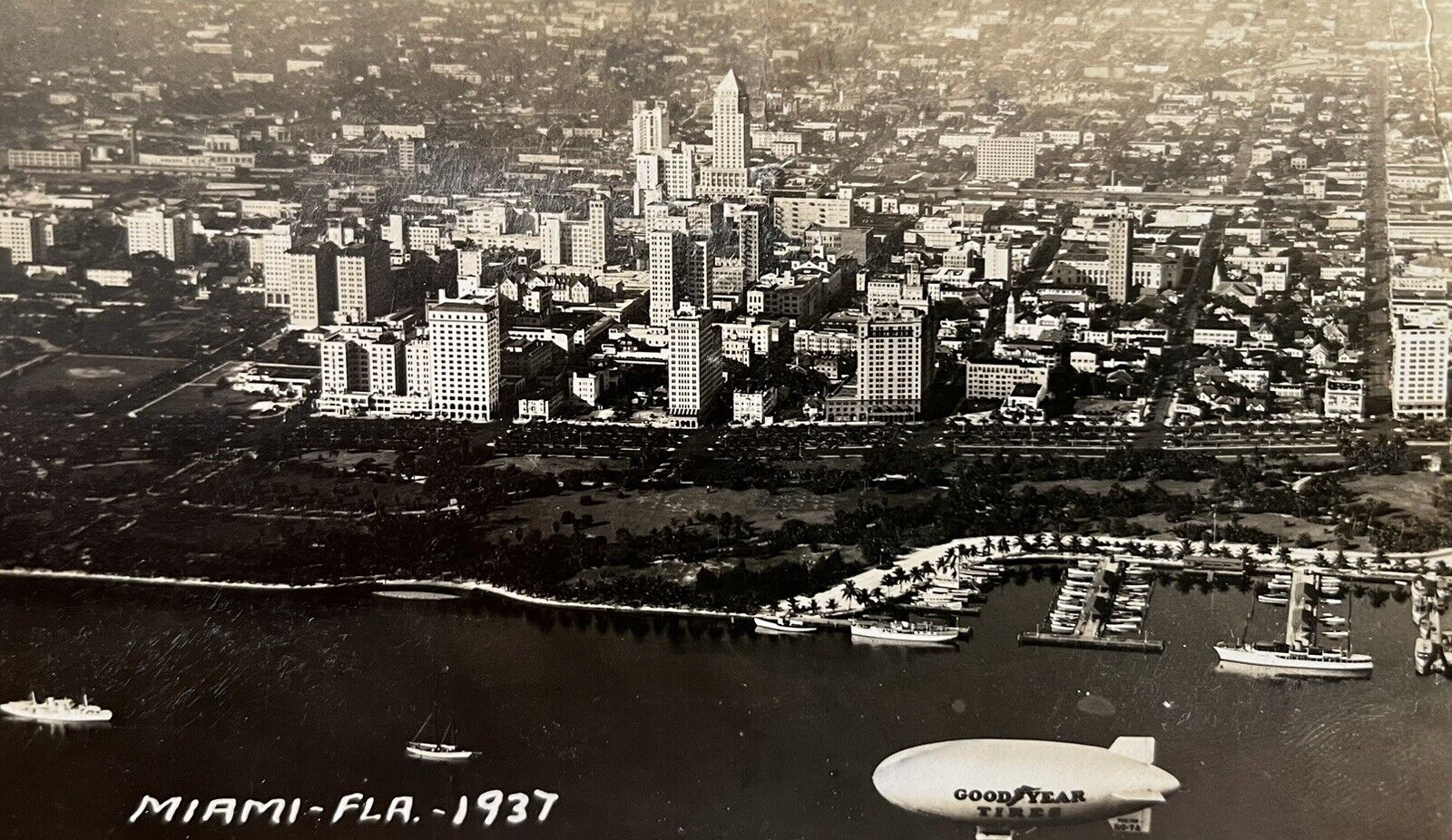 1937 Aerial View, Miami, FL Goodyear Blimp, Antique Real Photo Postcard RPPC