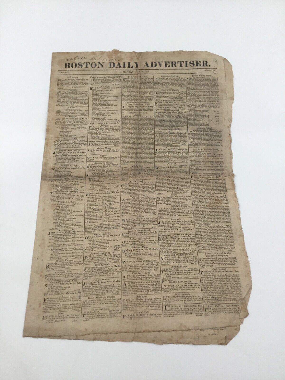 Boston Daily Advertiser May 3rd 1813 Vintage Newspaper Antique Vintage Newspaper