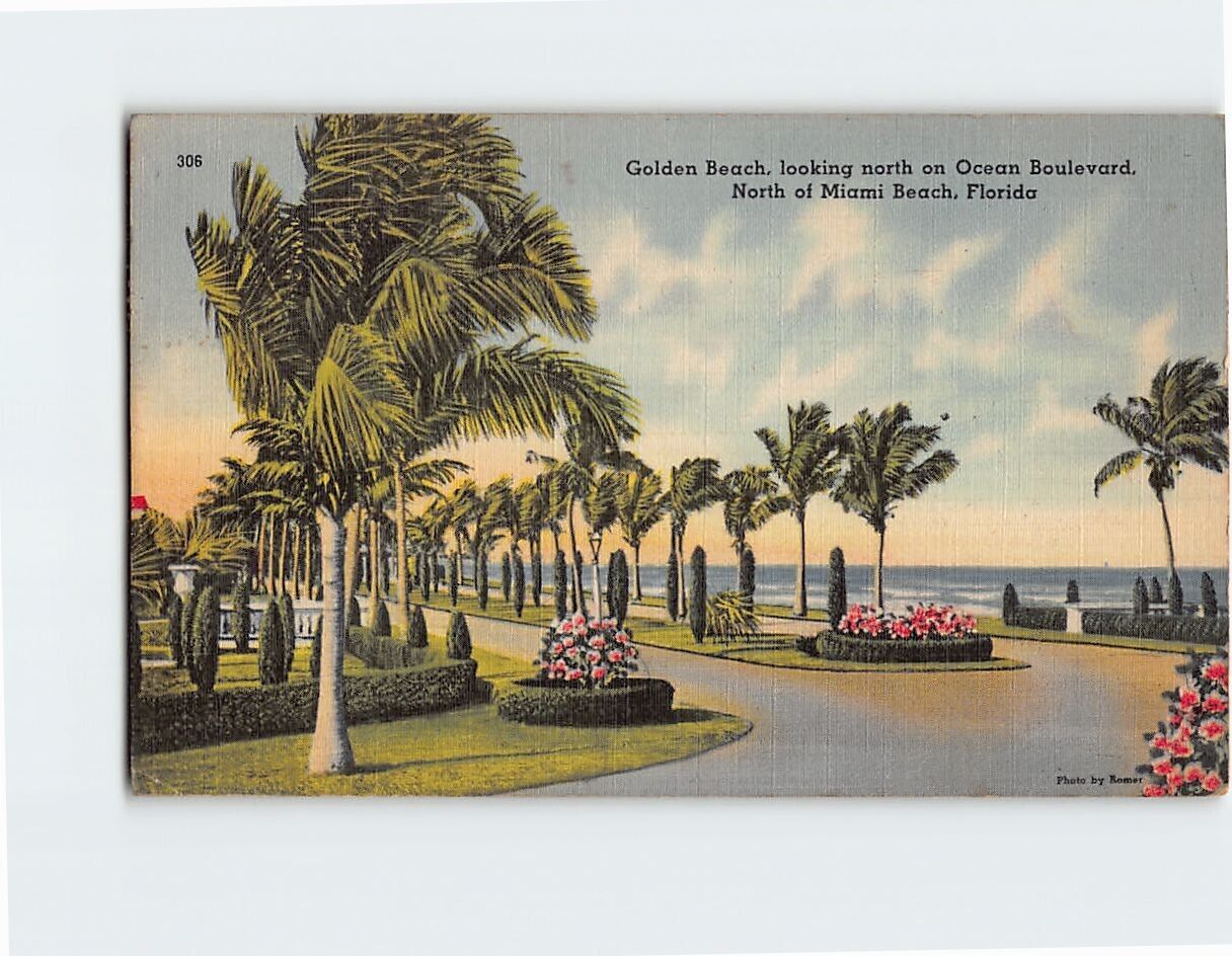 Postcard Golden Beach Looking North on Ocean Boulevard North of Miami Beach FL