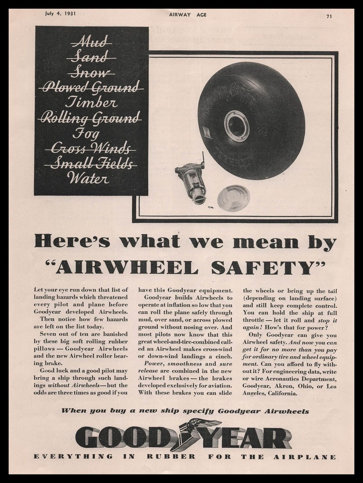 1931 Goodyear Rubber Los Angeles California Airplane Airwheel Safety Print Ad