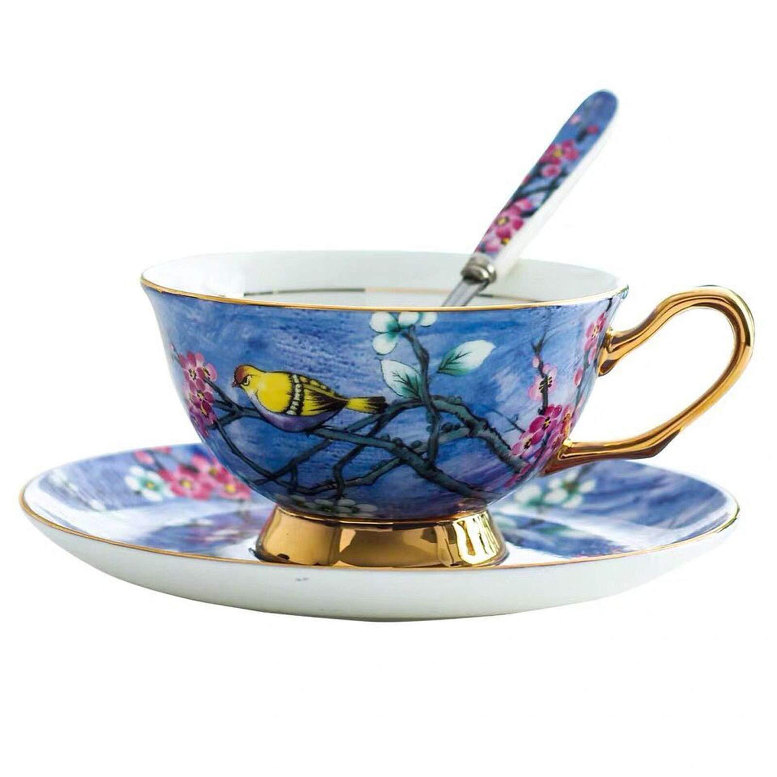 YBK Tech Euro Style Cup& Saucer Set Art Bone China Ceramic Tea Bright Blue 