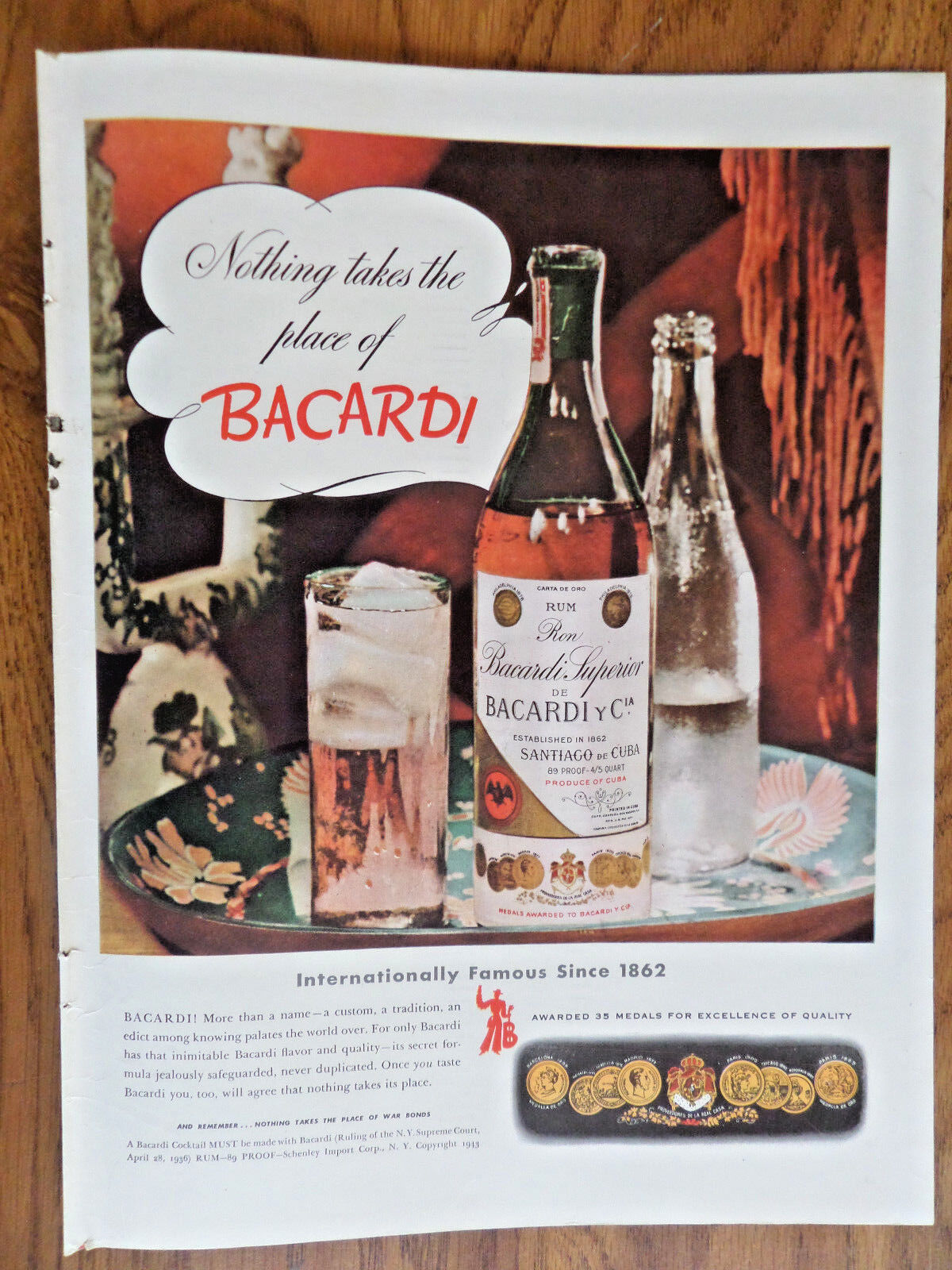1943 Bacardi Rum Ad Internationally Famous Since 1862