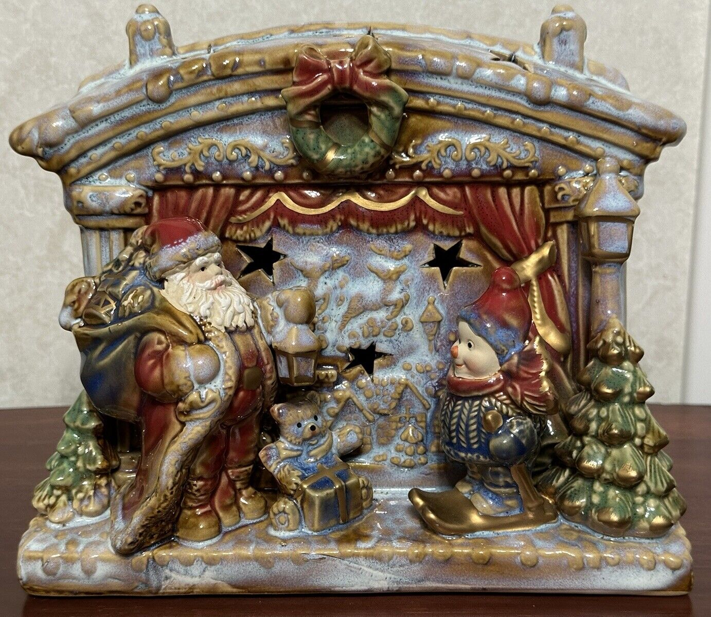 Elements Santa Claus & Snowman Fireplace Porcelain Figurine Statue Decor Piece