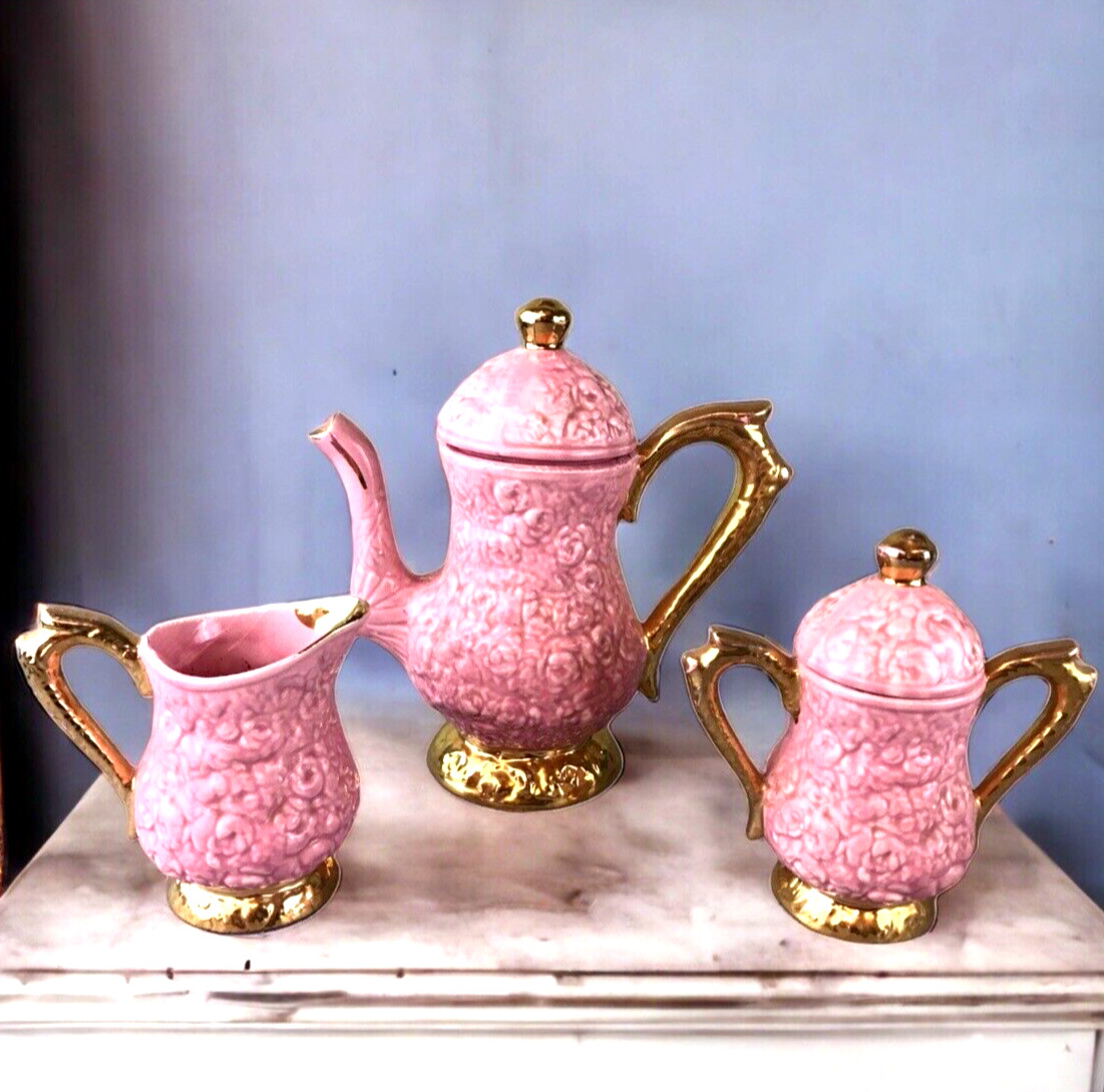 Vintage 1950\'s Embossed Ceramic Pink Rose Gold Gilt Teapot, Sugar and Creamer