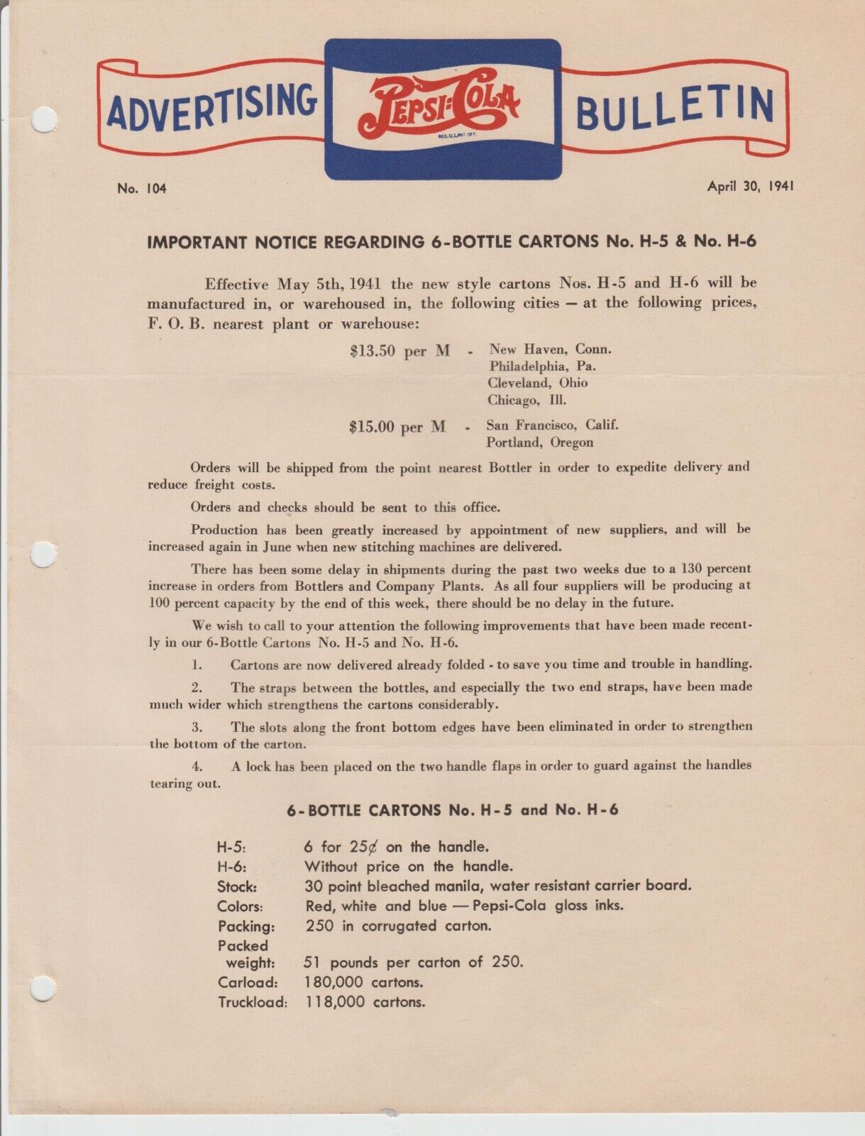 Pepsi Cola - 6 Bottle Cartons     ADVERTISING BULLETIN      April 30,  1941