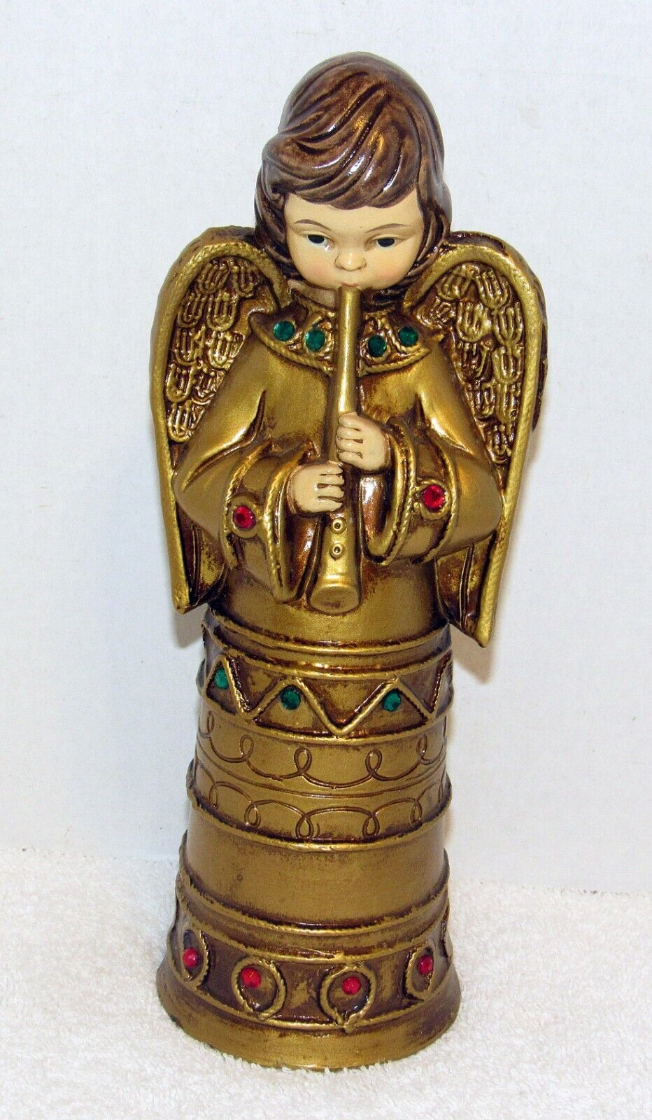 Vtg Fine A Quality Ceramic Angel Playing Horn W/ Red & Turquoise Rhine Stones