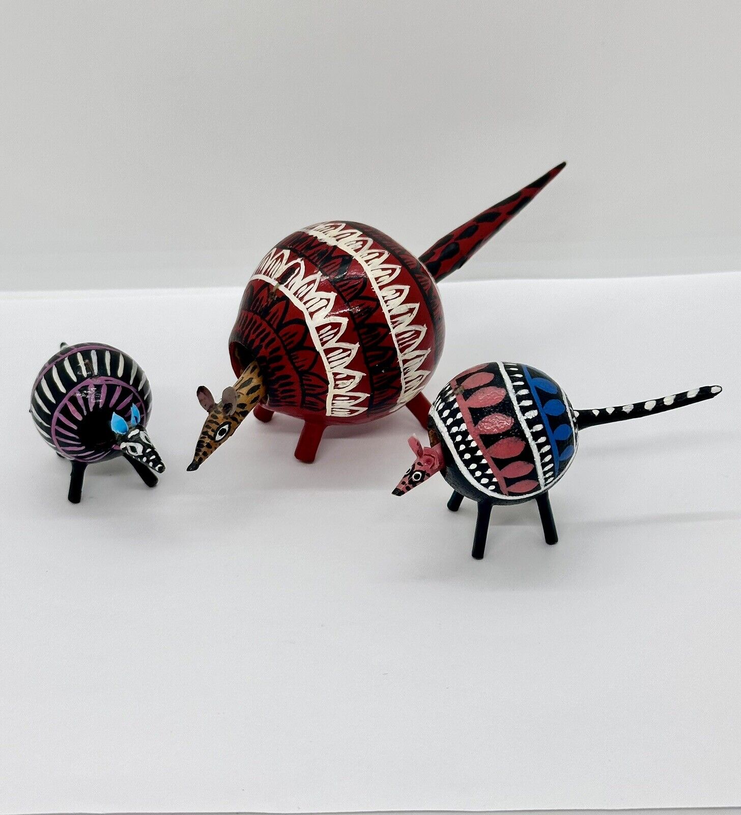 3 Vintage Mexican Alebrije Style Carved Painted Wooden Folk Art Armadillos VIDEO