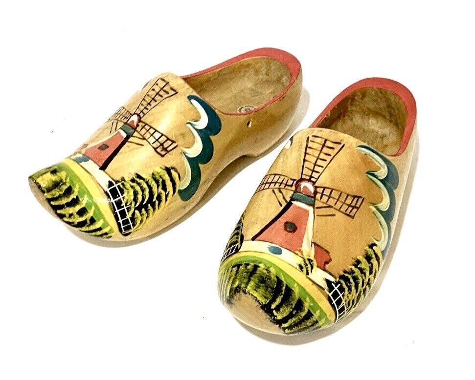 XL Vintage Dutch Wooden Clogs | Hand-Painted, Made in Holland, Windmill 15”
