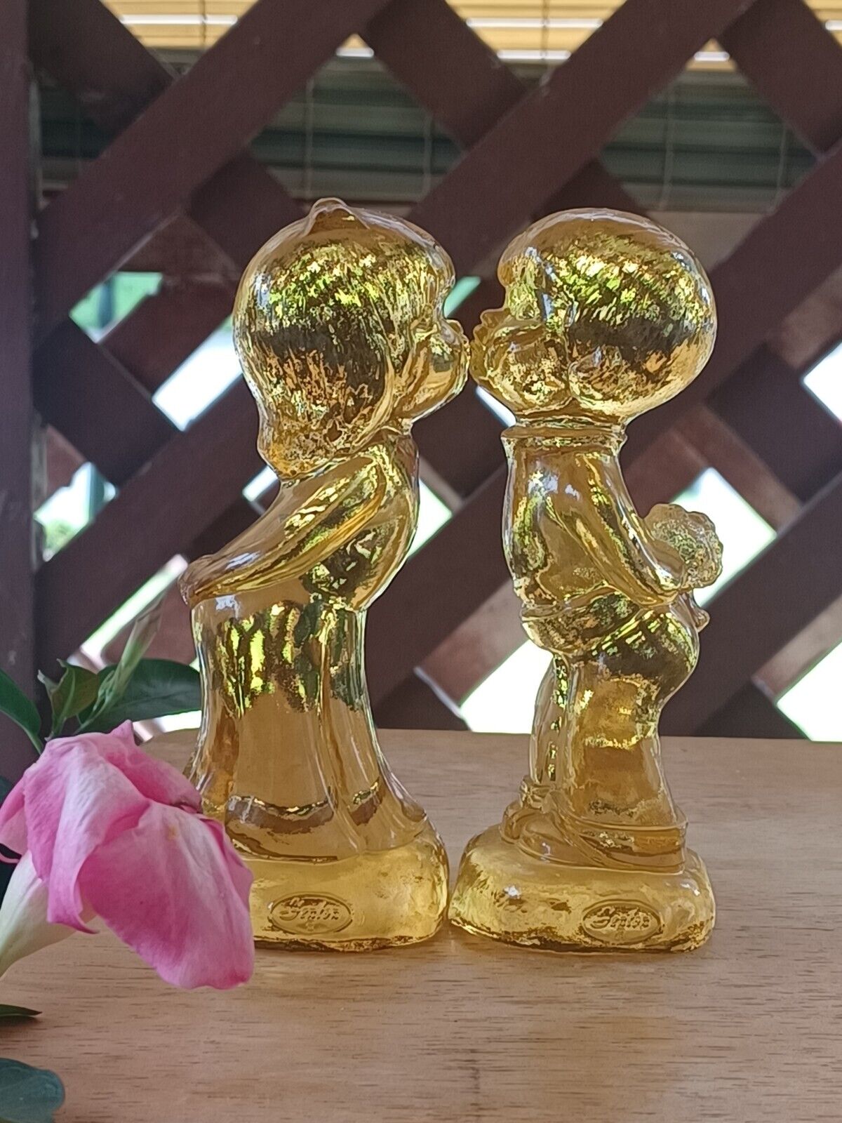Fenton Art Glass Amber /  Yellow Kissing Boy And Girl Set Of Glossy Figurines