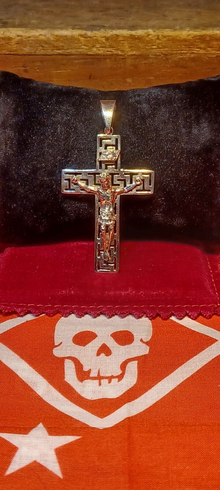 Vintage Greek Key Crucifix Mexico 925 Sterling Cubic Zirconia Easter Cross INRI