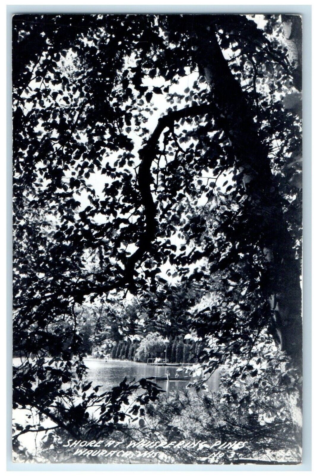 c1940 Shore Whispering Pines River Lake Waupaca Wisconsin WI RPPC Photo Postcard