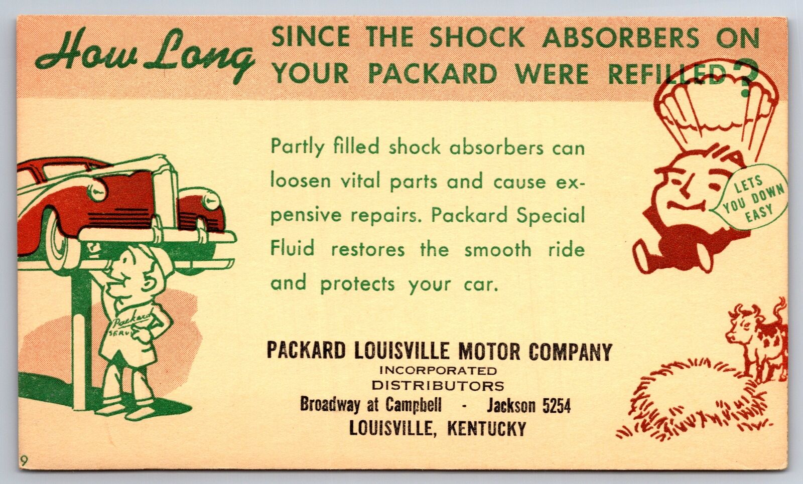 Louisville Kentucky~Packard Motor Co~Service Shock Absorbers~Parachute~1940s Ad