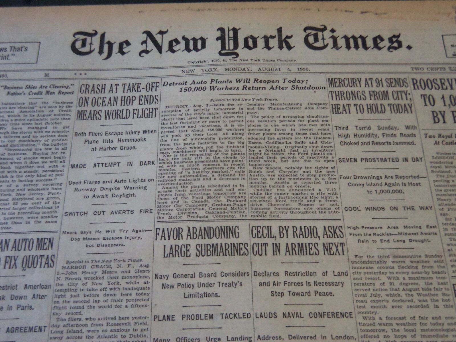 1930 AUGUST 4 NEW YORK TIMES - DETROIT AUTO PLANTS WILL OPEN TODAY - NT 5697