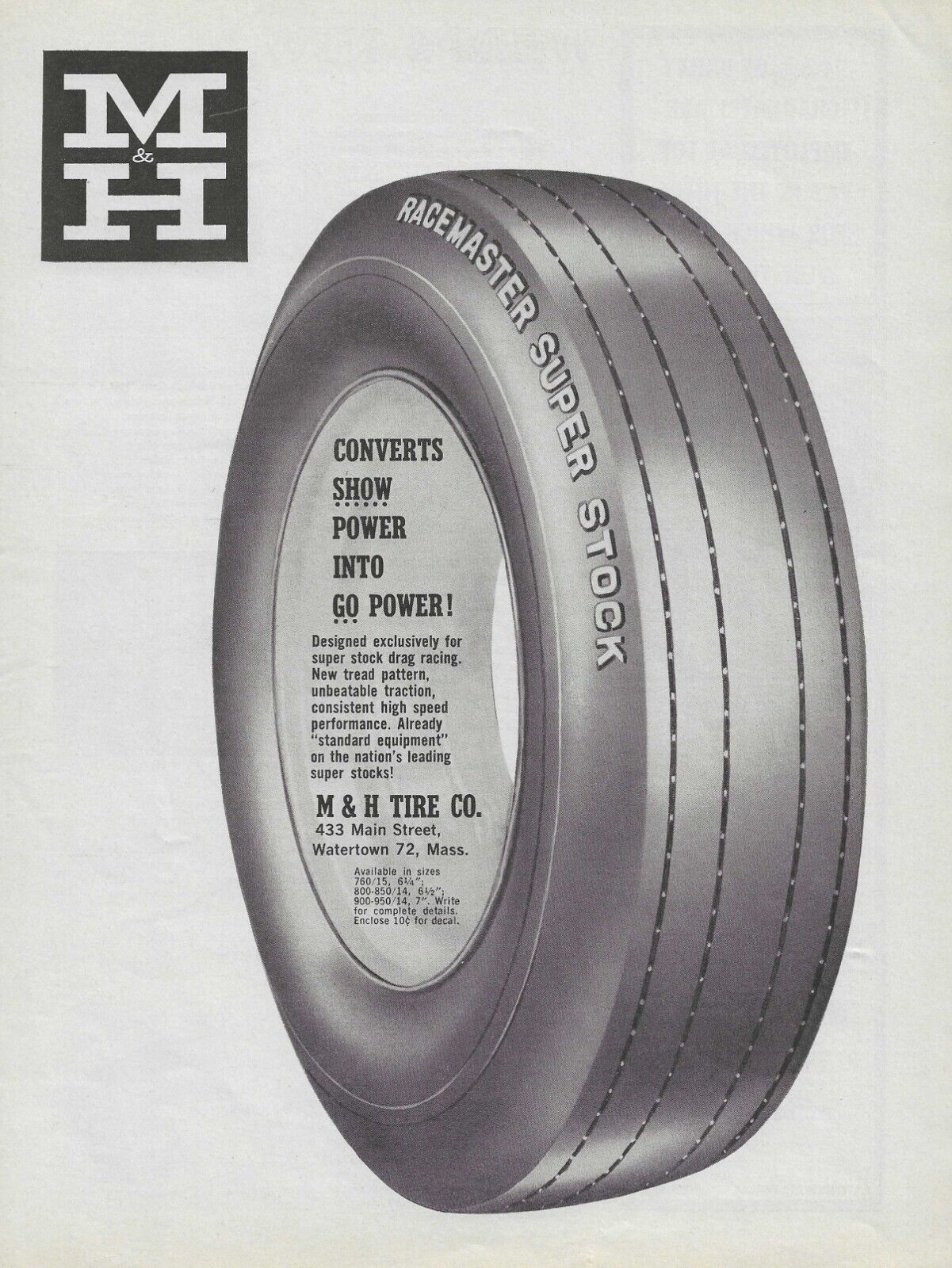 1962 M&H Racemaster Super Stock Tires Ad MH Vintage Magazine Advertisement M & H