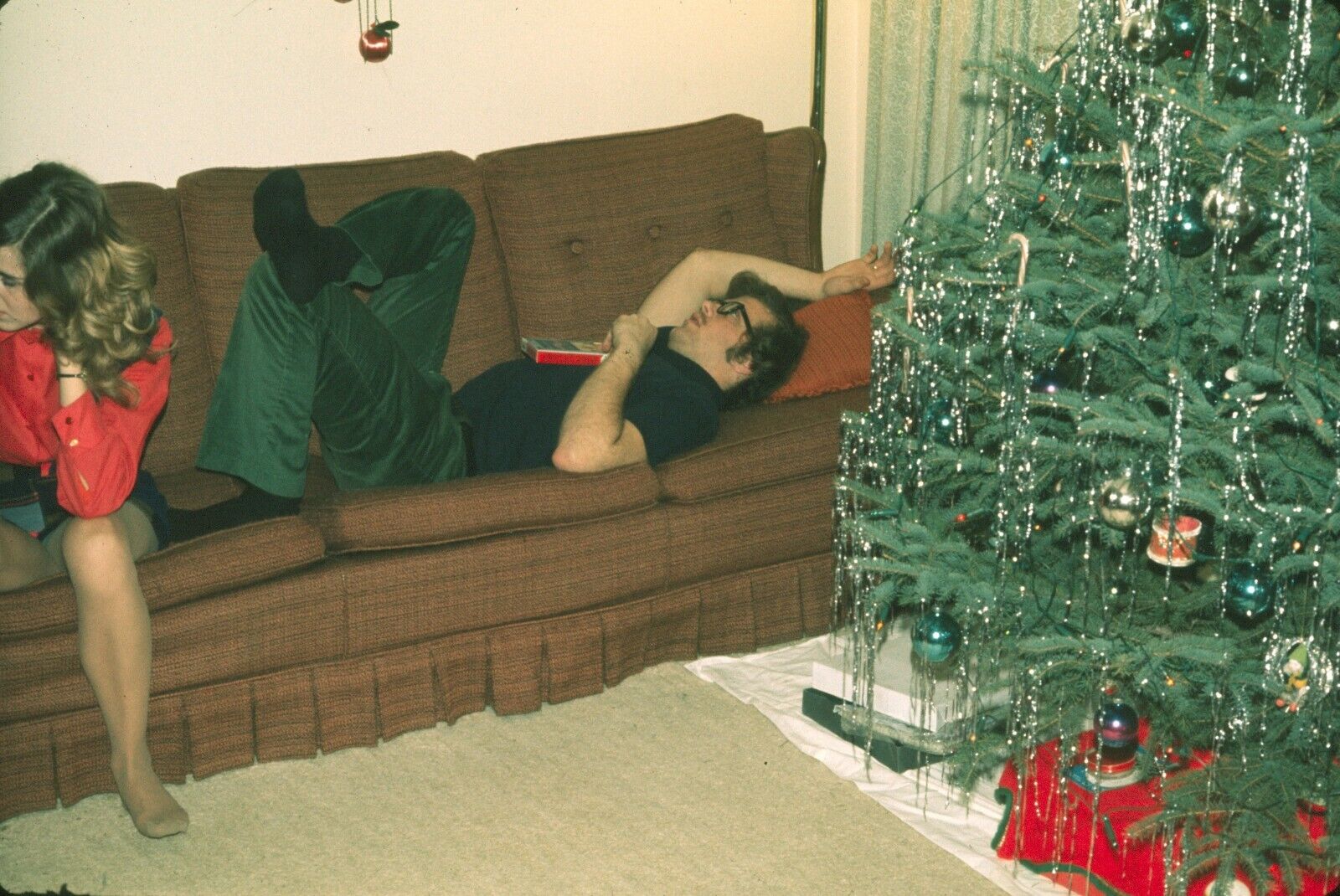 1960s Man Laying Woman Sitting on Couch Christmas Day Vintage 35mm Slide