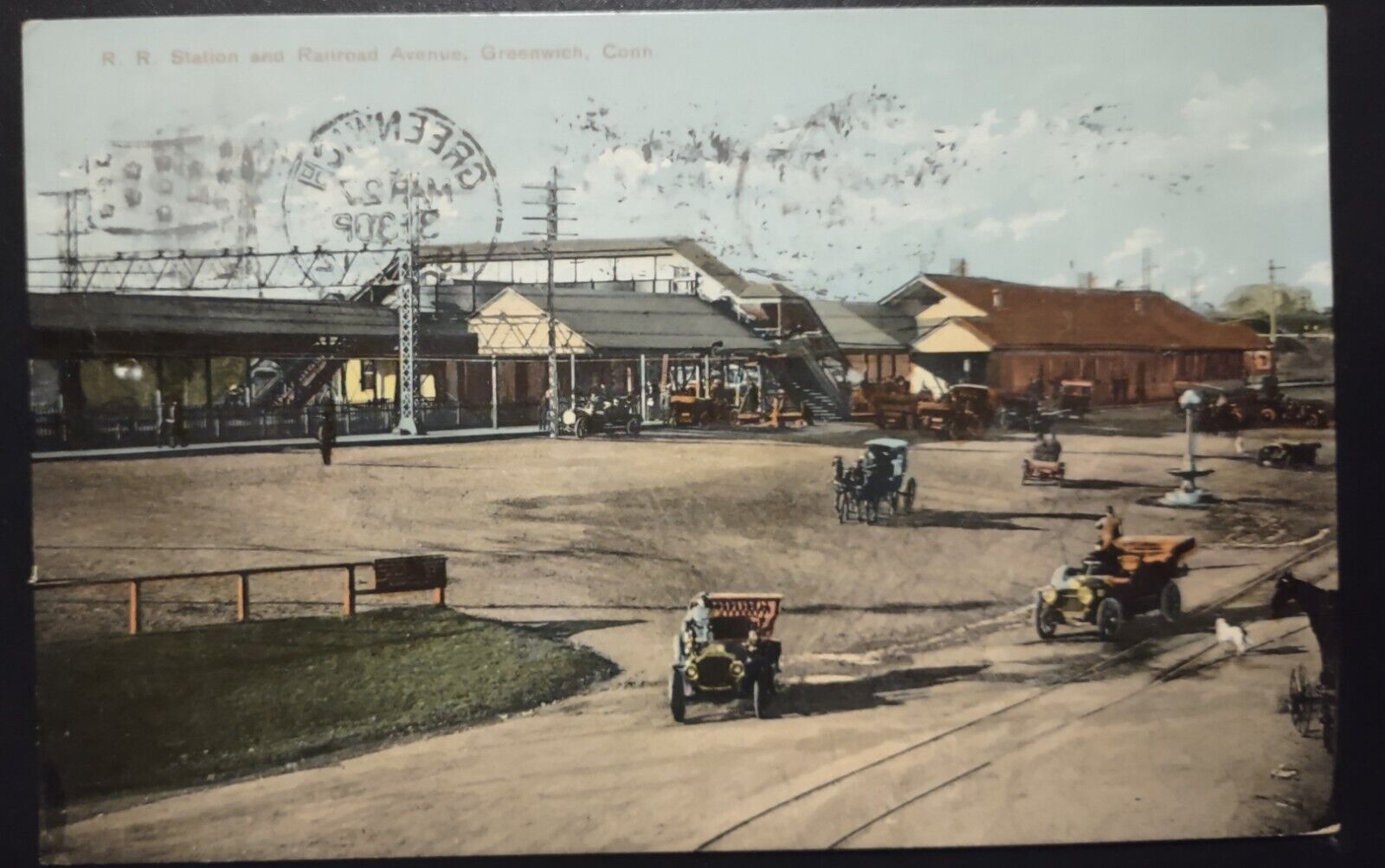Postcard RR Station Railroad Avenue Greenwich Connecticut 1912 Old Cars Carriage