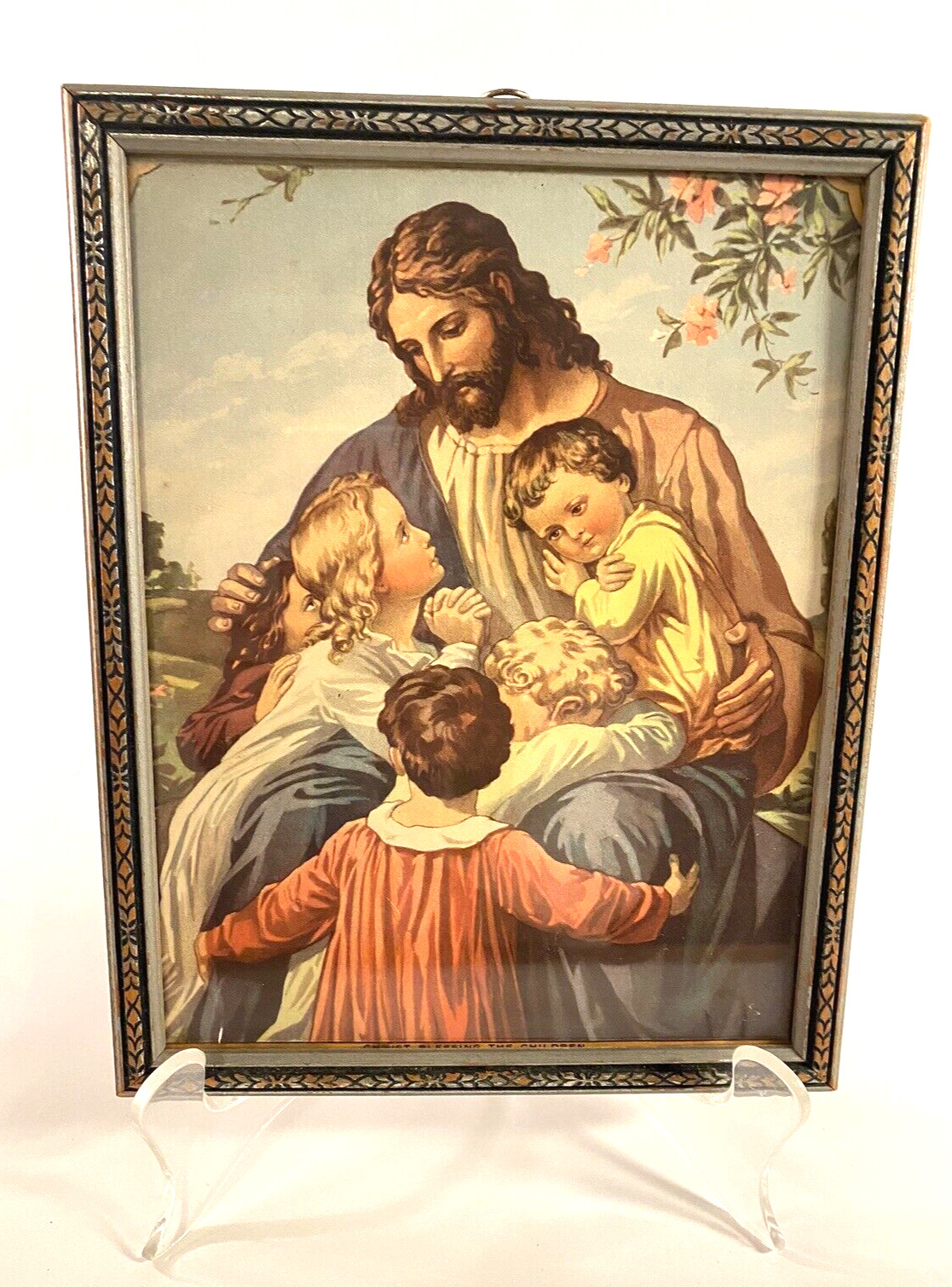 Vintage Jesus Christ Blessing The Children Framed Picture Full Color Christian