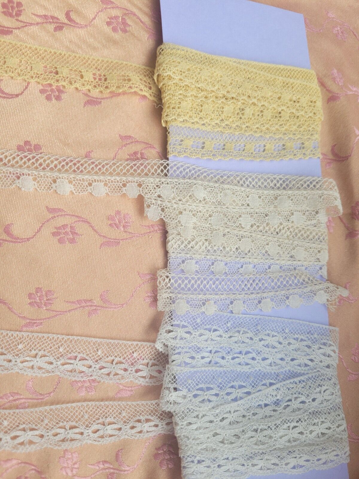 3  Vintage Lace French Trim Valennciene 5.5 Yards Floral Insertion Lot Yellow