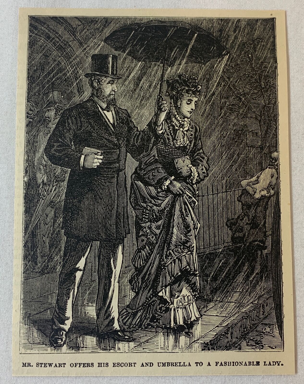 1876 magazine engraving~ ALEXANDER TURNEY STEWART holds umbrella for lady