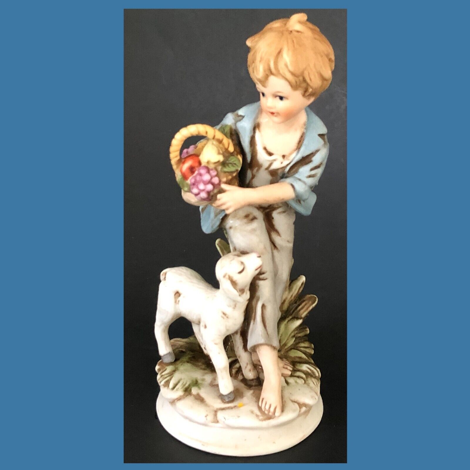 Little Country Boy with Lamb & Fruit Basket Bisque Figurine Marked MR - 13 RARE