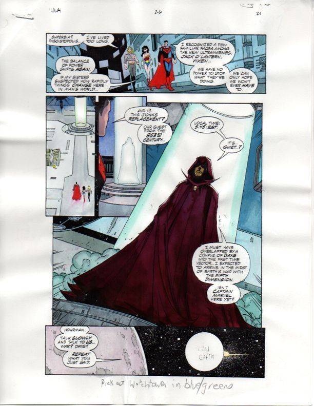 Original 1999 JLA 26 color guide art page: Superman,Wonder Woman,Hourman,Aquaman