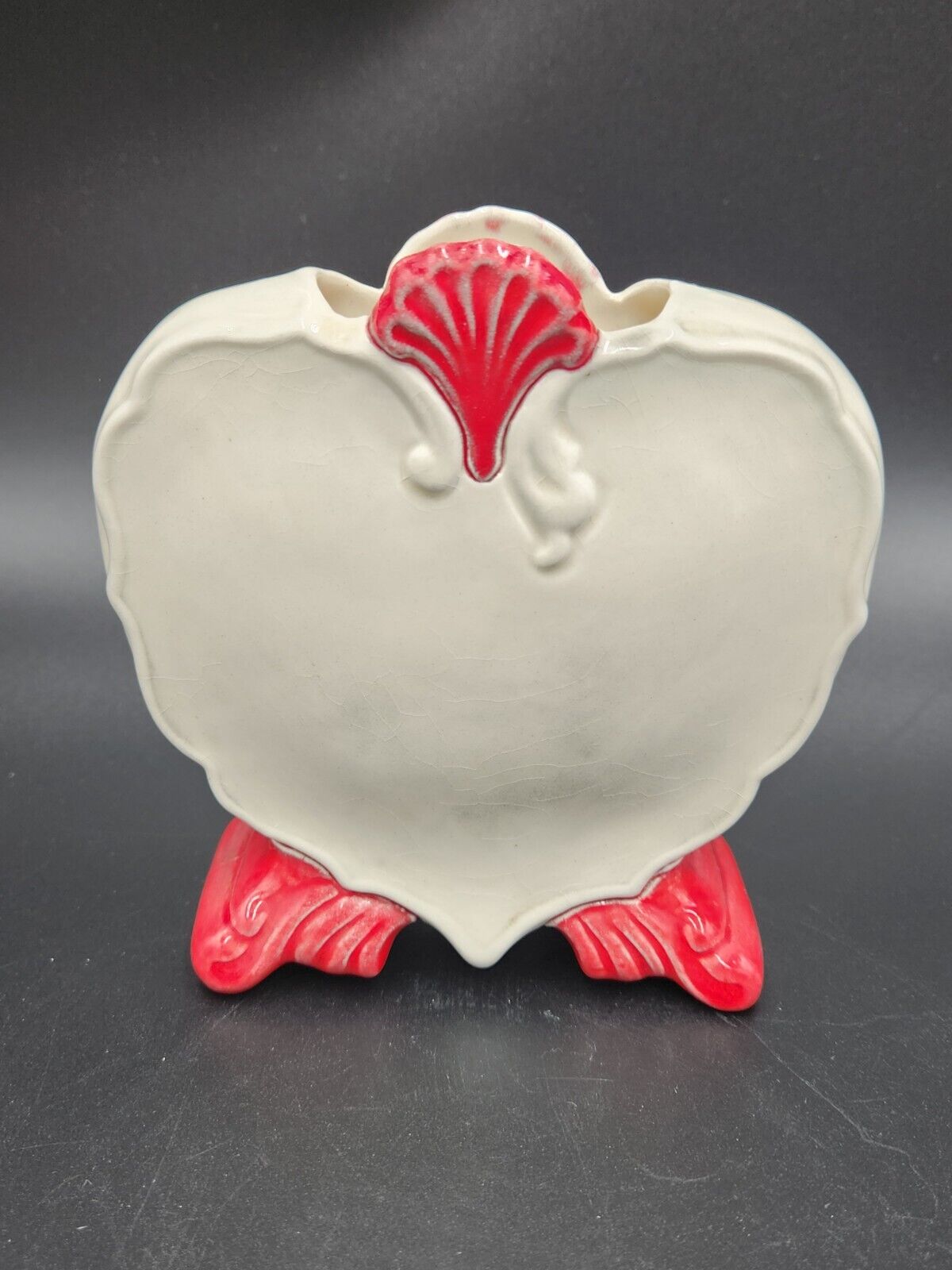 Vintage Albertas Ceramic Mold Heart w/Scroll Planter/Vase Red and White