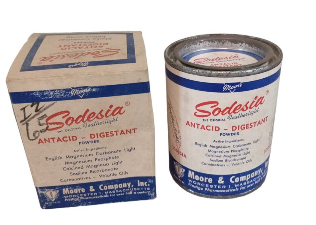 Vintage Pharmacy Advertising Sodesia Antacid Powder Tin and Box Paper Label NOS