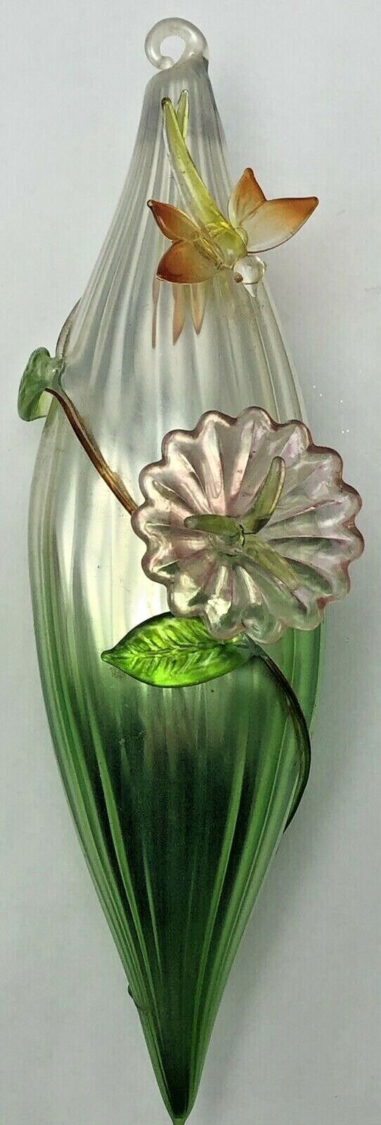 Vintage Ribbed Teardrop Glass Christmas Ornament Embellished Flower Dragonfly